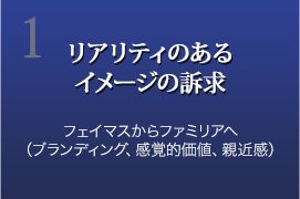 1.リアリティのあるイメージの訴求 フェイマスからファミリアへ（ブランディング、感覚的価値、親近感）