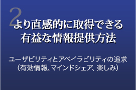 2.より直感的に取得できる有益な情報提供方法 ユーザビリティとアベイラビリティの追求（有効情報、マインドシェア、楽しみ）